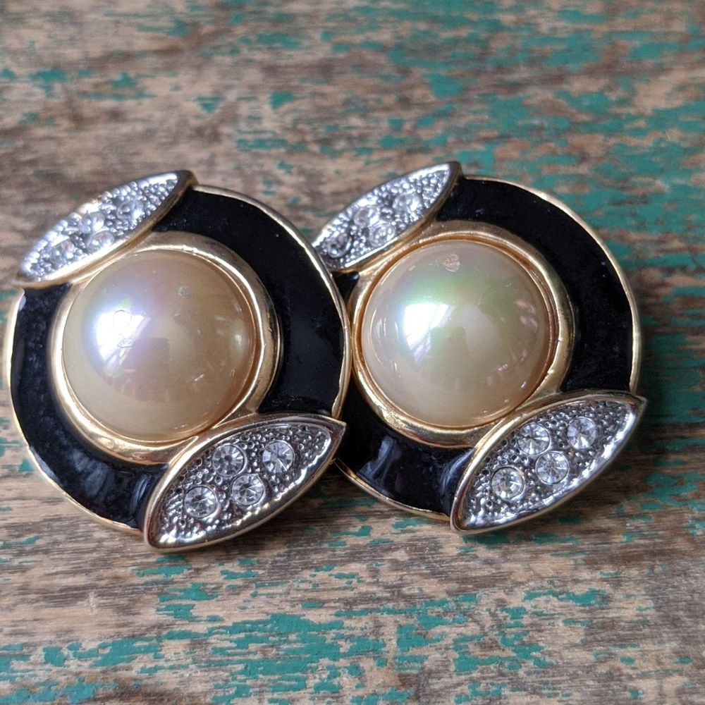 Vintage Black and Gold Pearl and Rhinestone Clip-On Earrings